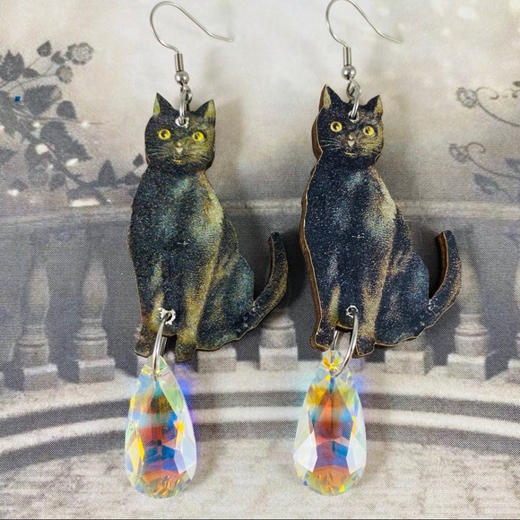 Laser Cut Acrylic Earrings Cat Lover Gift Black Cat Earrings with Sterling Silver Posts Black Glitter Cat Dangle Earrings